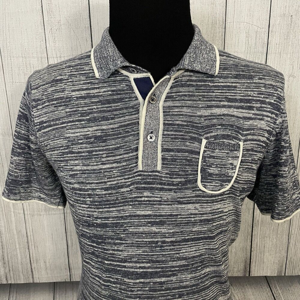 32 Bar Blues Men's Large Slim Fit Blue Short Sleeve Linen Blend Polo Shirt